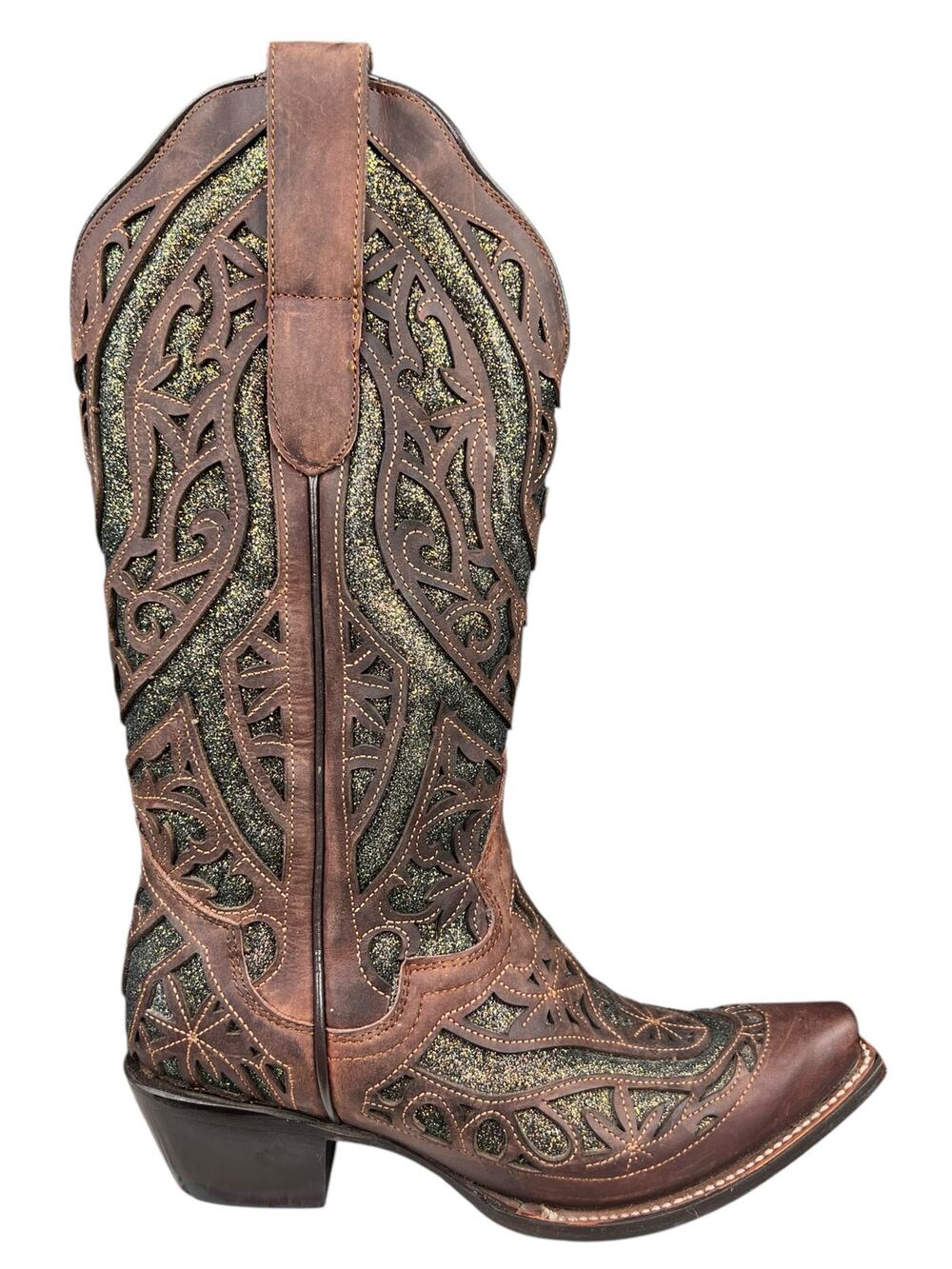 J.B. Dillon Women’s Brown Leather Glitter Green Inlay Cowgirl Boots Size US 7.5b